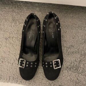 Chic Black Women's Suede Heels with Buckle Accents